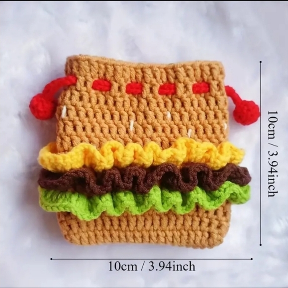 Crochet Hamburger NEW Drawstring Bag Purse Wristlet - Picture 2 of 3